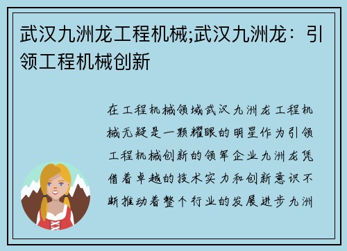 武汉九洲龙工程机械;武汉九洲龙：引领工程机械创新